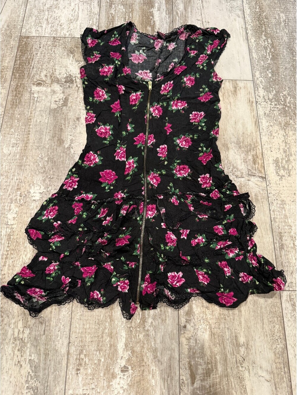 Material Girl Womens Black Pink Rose Floral Zip Front Ruffle Dress